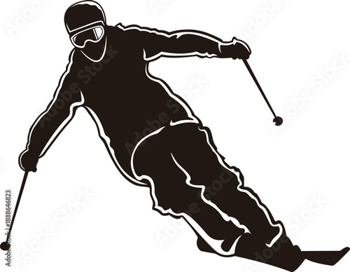 Skier Silhouette Illustration - Downhill Skiing Athlete Action on White Background.