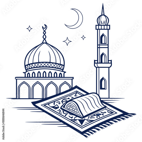 Elegant mosque illustration with Quran and crescent moon