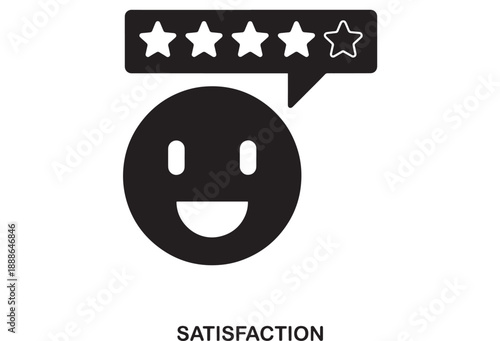 Black filled icon of a happy face emoji with a speech bubble showing four filled stars and one outlined star for customer satisfaction rating