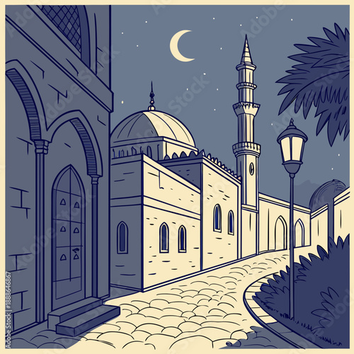 Serene mosque at night with crescent moon shining bright