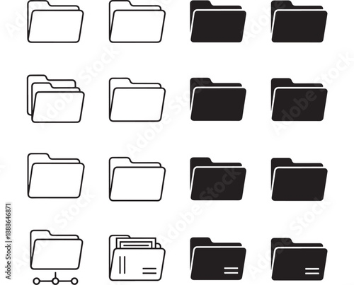 Collection of vector folder icons, both outlined and solid black, representing digital organization and data storage on a white background