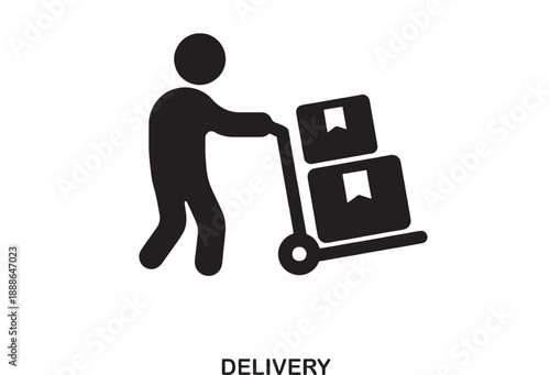 Black silhouette of a person pushing a trolley with two boxes, representing delivery and logistics services