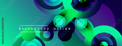 Abstract gradients blend, forming circular shapes. Vibrant teal, purple, green hues dominate design. Modern, dynamic composition.