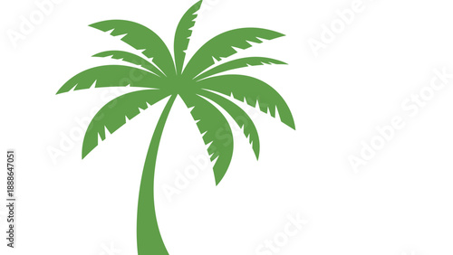 Simple green silhouette of a tropical palm tree with many fronds on a plain white background for minimalist design projects.