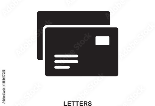 Solid black icon representing two overlapping envelopes, one slightly behind the other, with a small rectangular postage stamp area and three horizontal lines for text.