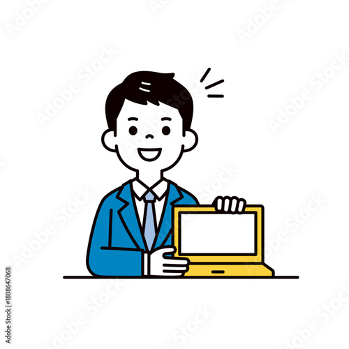 パソコンの画面を見せて接客する、若いビジネスマンのシンプルな上半身ベクターイラスト素材