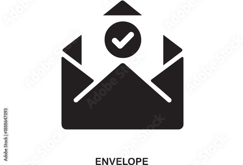 Simple black icon of an open envelope with a checkmark inside a circle, representing confirmed email or message delivery, flat design.