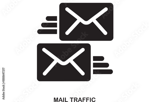 Black flat design icons of two envelopes with motion lines indicating mail delivery speed and email communication.