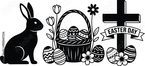 Flat vector silhouette close up rabbit beside woven basket of decorated eggs and floral stems with cross and easter day banner in black simple icon layout