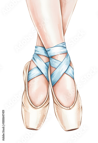 Graceful ballet pointe shoes with satin ribbons in traditional watercolor artwork.