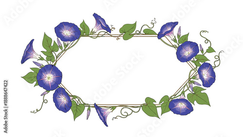 Elegant oval frame border composed of vibrant purple morning glory flowers, green vines, and heart shaped leaves.