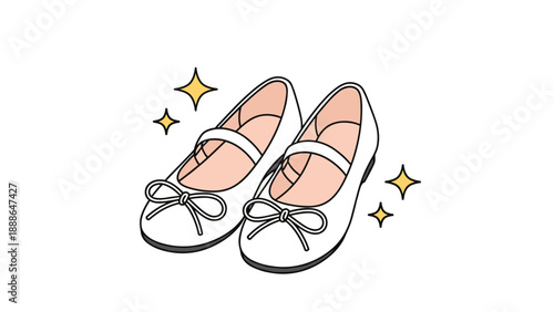 Simple illustration of a pair of white Mary Jane shoes with small bows and sparkling golden stars around them.