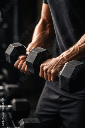 Close-up of a muscular man's arms performing bicep curls with dumbbells in a gym setting.