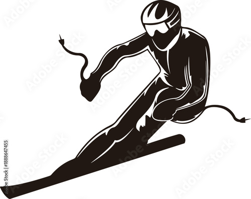 Skier Silhouette Illustration - Downhill Skiing Athlete Action on White Background.