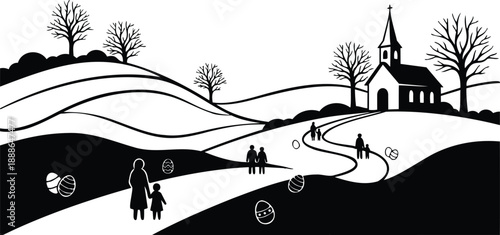 Minimalist silhouette vector panoramic countryside with winding path leading to church figures walking mother and child scattered easter eggs bare trees spring morning serene peaceful mood