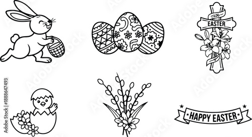Line art easter icon set with running bunny holding basket decorated eggs chick in shell floral cross pussy willow bouquet happy easter banner black outline minimal