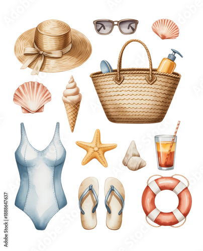Summer beach essentials collection with straw bag and seaside objects in watercolor.