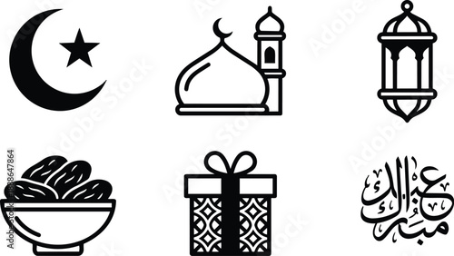 Minimalist line icon set of eid symbols showing crescent star mosque lantern bowl of dates gift and arabic calligraphy in flat black vector simple outline arrangement