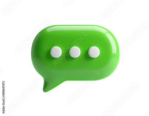 Glossy green chat bubble with three white dots, on black