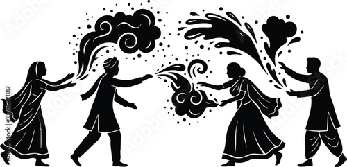 Flat silhouette vector art side view four people throwing powder and water in traditional indian clothes celebrating playful festival with dynamic splash motion and joyful interaction