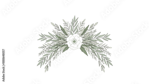 Symmetrical floral arrangement featuring a central white flower surrounded by layers of delicate greenery and small leaves.