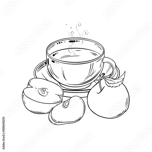 Cup of Apple Tea aroma beverage Outline Illustration. Vector isolated for Design and Decoration for Cafeteria, Posters, Banners, Cards.