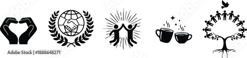 Flat design row of community partnership icons showing hands heart globe handshake laurel two people high five cups of coffee tree circle with dove radiant silhouette