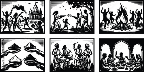 Woodcut style series of festival vignettes showing people throwing color playing drums bonfire ritual offering food and communal meal celebrating holi in rural setting vibrant joyful