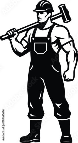 Vintage mascot vector strong construction worker with sledgehammer over shoulder wearing hard hat overalls boots standing three quarter view bold retro engraving style monochrome solid emblem