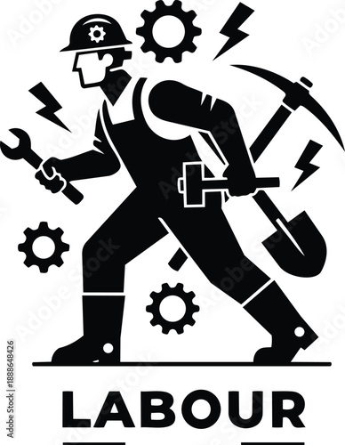 Minimalist icon low angle worker silhouette carrying wrench pickaxe and shovel walking with gears lightning above bold labour lettering flat vector art for construction safety branding