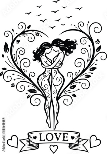 Tattoo flash ornate heart with embracing couple close up symmetrical vine ornaments ribbon banner reading love black line art romantic birds above flowing hair frontal view