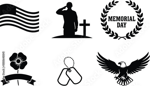 Flat design memorial day icon set with waving flag soldier saluting by grave poppy wreath dog tags and soaring eagle simple bold vector collection black silhouettes