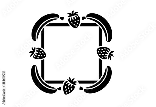 Doodle hand-drawn border illustration with fresh fruits like watermelon, pineapple, banana, and strawberries, apple on a white background.
