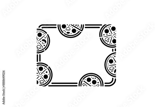 Rectangular frame made from various pizza ingredients like pepperoni slices tomatoes mushrooms and olives with copy space in the middle.
