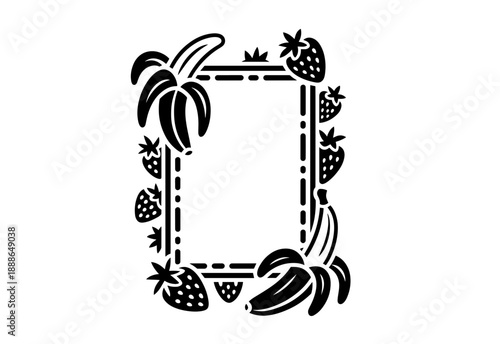 Doodle hand-drawn border illustration with fresh fruits like watermelon, pineapple, banana, and strawberries, apple on a white background.
