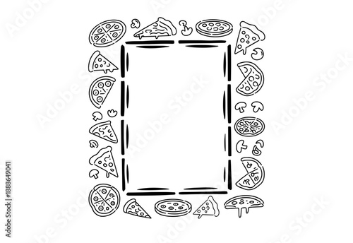 Rectangular frame made from various pizza ingredients like pepperoni slices tomatoes mushrooms and olives with copy space in the middle.
