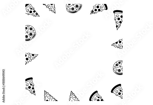 Rectangular frame made from various pizza ingredients like pepperoni slices tomatoes mushrooms and olives with copy space in the middle.
