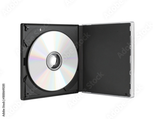 Open black case with shiny disc, ready for storage or playback