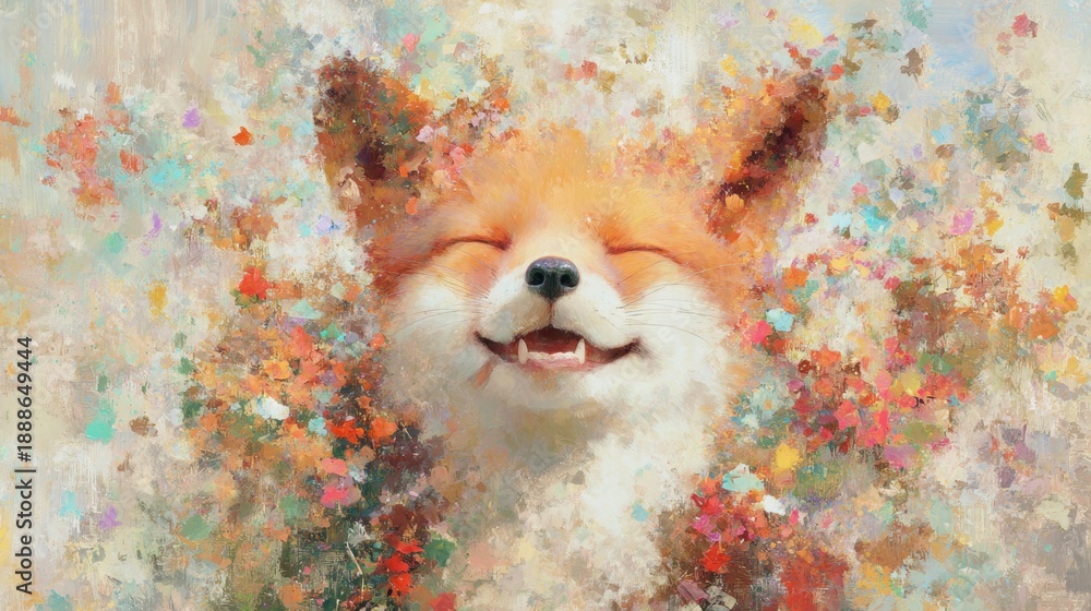 Fototapeta premium Cute fox smiling among colorful flowers in a bright setting