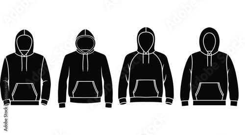 Four black hooded sweatshirts displayed in a clean minimalist silhouette