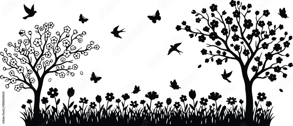 Naklejka premium Silhouette vector spring landscape with two blooming trees and meadow of flowers flying birds and butterflies side view black and white minimal delicate blossoms graceful