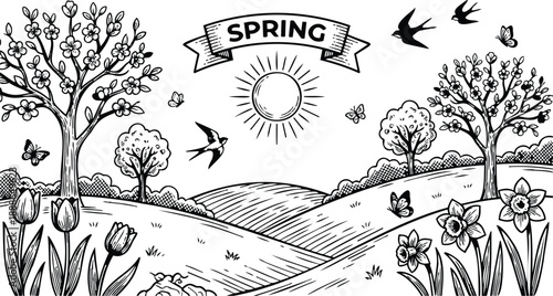 Line art panoramic spring landscape with blossoming cherry trees and daffodils tulips rolling hills sun banner flying swallows detailed foreground