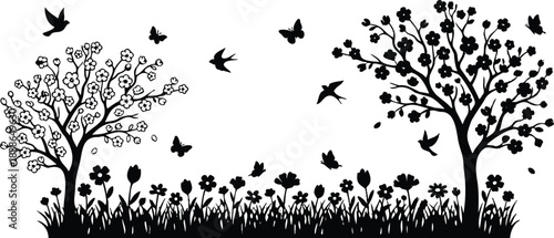 Silhouette vector spring landscape with two blooming trees and meadow of flowers flying birds and butterflies side view black and white minimal delicate blossoms graceful
