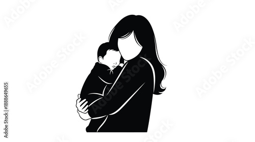 A mother lovingly cradles her baby in a striking silhouette