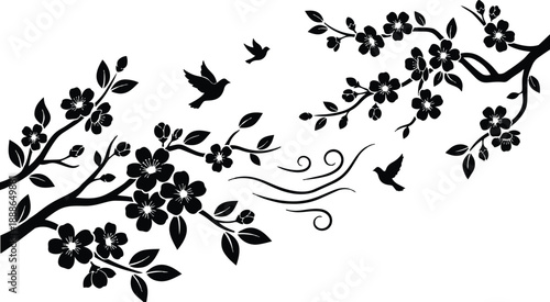 Silhouette floral vector branches with cherry blossoms and flying birds left to right ornamental composition elegant spring breeze design black ink style close up corner arrangement