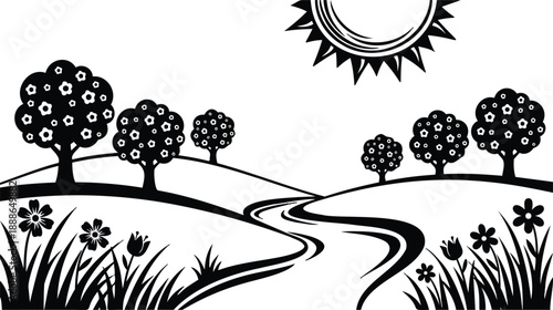 Flat design floral landscape showing winding river between rolling hills with flowering trees sun overhead close up foreground grasses and wildflowers in spring minimalist bold silhouette