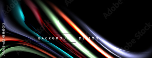 Abstract flowing ribbons, vibrant colors, dark background. Dynamic lines create modern visual impact. Smooth gradients, elegant design.