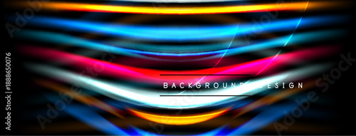 Abstract vibrant lines create dynamic background. Bright colors blend, forming modern design element. Dark space emphasizes luminosity.