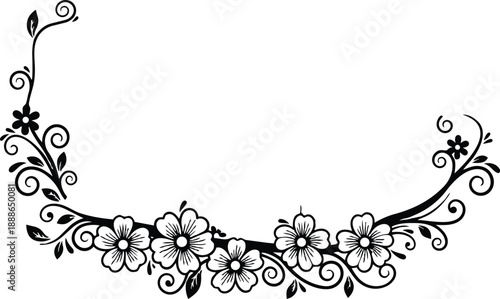 Floral ornamental vector half wreath frame with decorative swirl flowers leaves corner border vintage style black silhouette for wedding invitation romantic delicate hand drawn ornate
