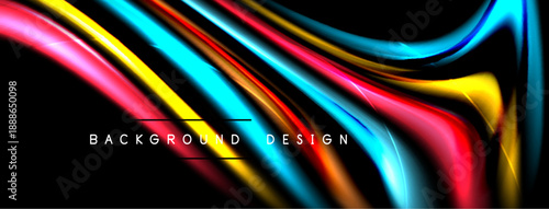 Vibrant colorful waves flow across black background. Dynamic abstract design creates modern visual impact. Smooth gradients enhance fluidity.